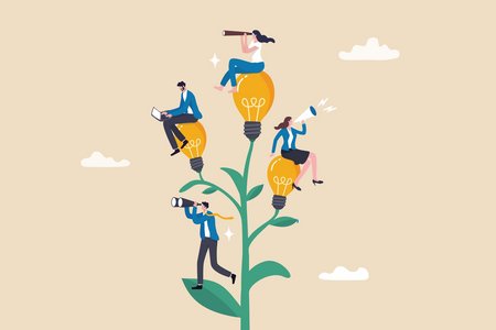 Corporate culture or employee value, organization, team success or career growth, community or company growth participation, HR concept, business people employee working on growing lightbulb plant.